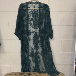 Embroidered Sheer Mesh Duster Kimono — Teal